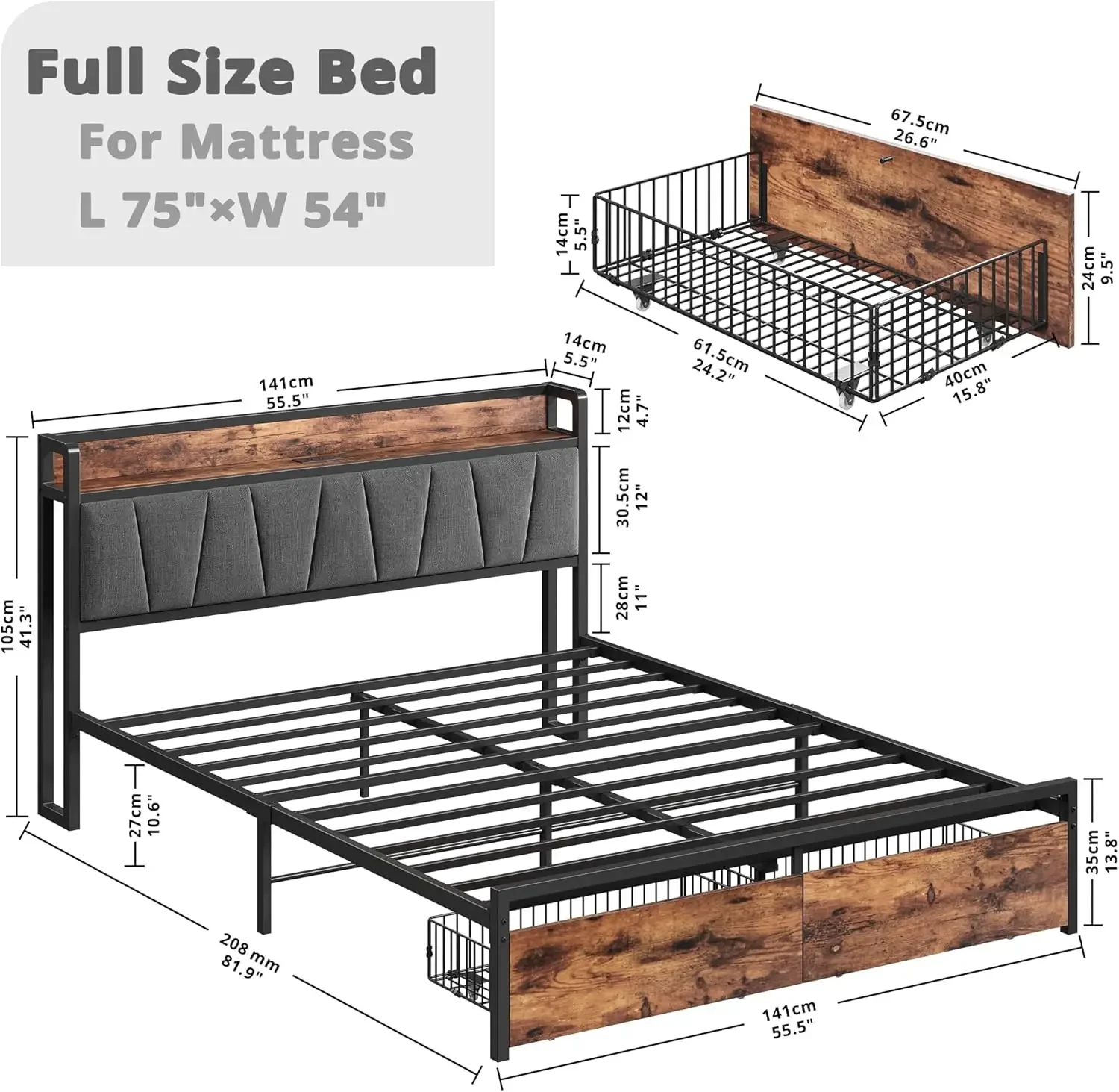 Full Size Bed Frame, Storage Headboard with Charging Station, Platform Bed with Drawers, No Box Spring Needed