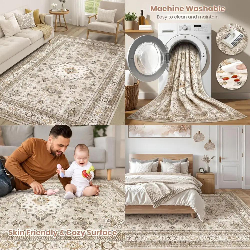 

Vintage Living Room Area Rug 6x9 - Large Soft Washable Oriental Traditional Distressed Farmhouse Rugs for Bedroom - Indoor Floor