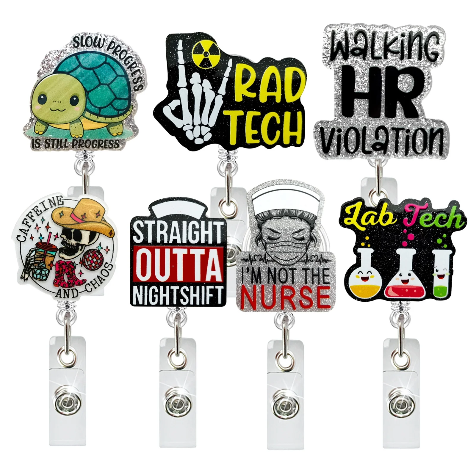 

Cartoon Acrylic Glitter Badge Holder Cute Turtle Skull Badge Scroll Clip Rotating Telescopic Buckle for Doctor Nurse Name Folder