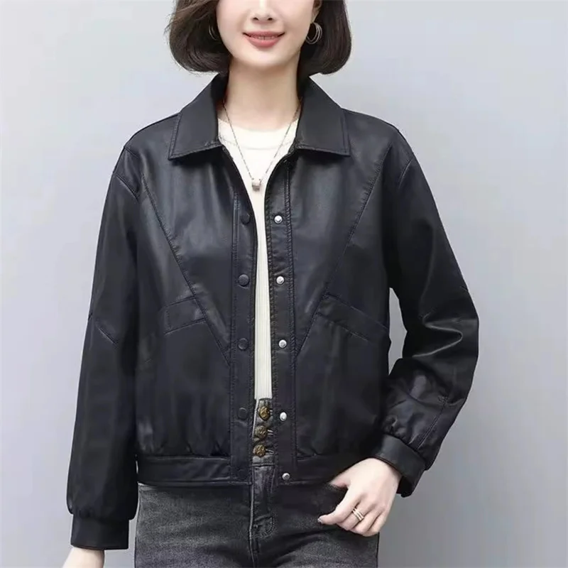 2025 봄 가을 여성용 가죽 재킷 숏 코트 싱글 버튼 턴다운 칼라 루즈핏 얇은 PU 아우터 여성 캐주얼 탑