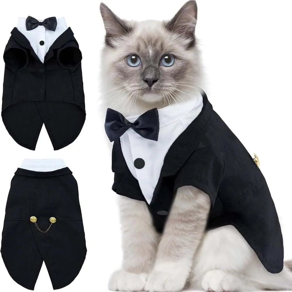 

Cat Shirt Vest Clothing Cat Birthday Tailcoat Clothes Wedding Dress with Tie Formal Attire Wedding Birthday Cat Vest Black/Grey