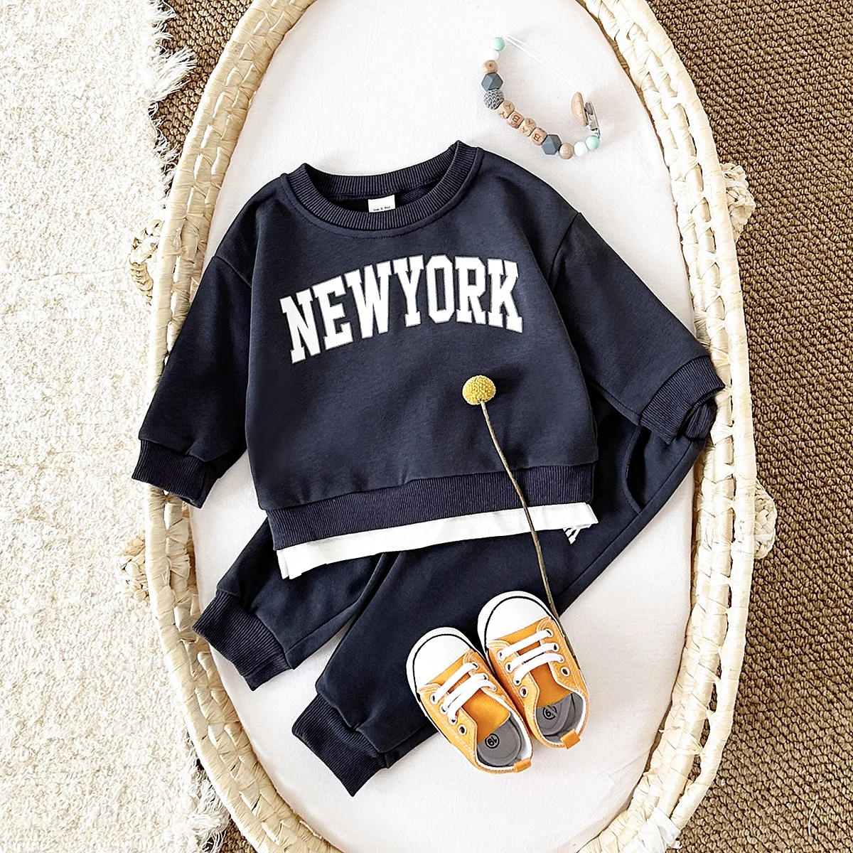 Spring Autumn Baby Boys Girl Cotton Infant Clothes Sets New York Letter Long Sleeved Pullover Top+Pants Infant Outfit 0-3Y KIds