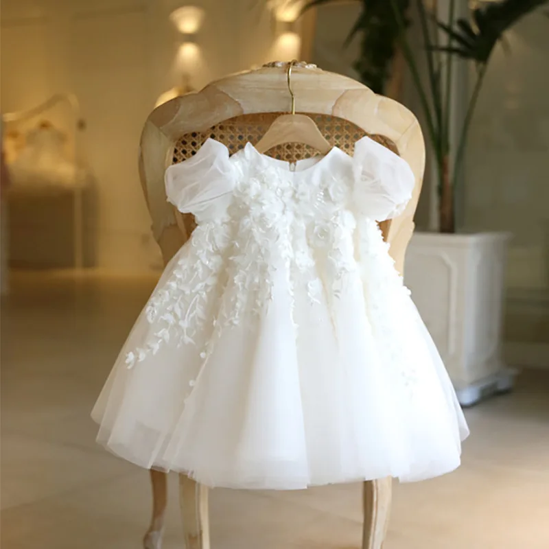 Robes de demoiselle d'honneur en tulle blanc pour mariage, appliques gonflées avec nœud, robe de soirée d'anniversaire pour enfants mignons, robe de reconstitution historique pour bébé, robe de Rh, quoi que ce soit