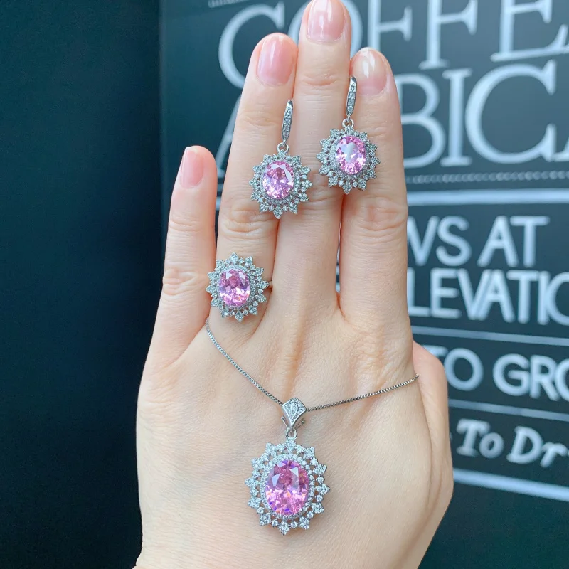 

Rhinestone Pink Diamond Set 2021 Pendant Earrings Wedding Jewelry Vintage Three-Piece Set