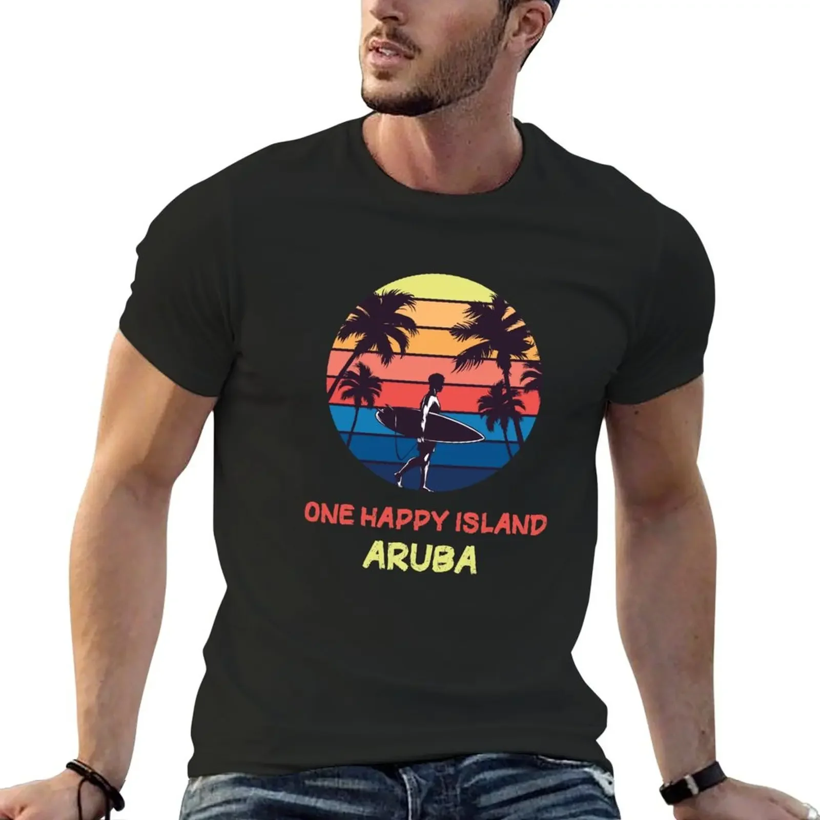 

Aruba One Happy Island T-Shirt Aesthetic clothing summer clothes kawaii clothes plain mens cotton t shirts