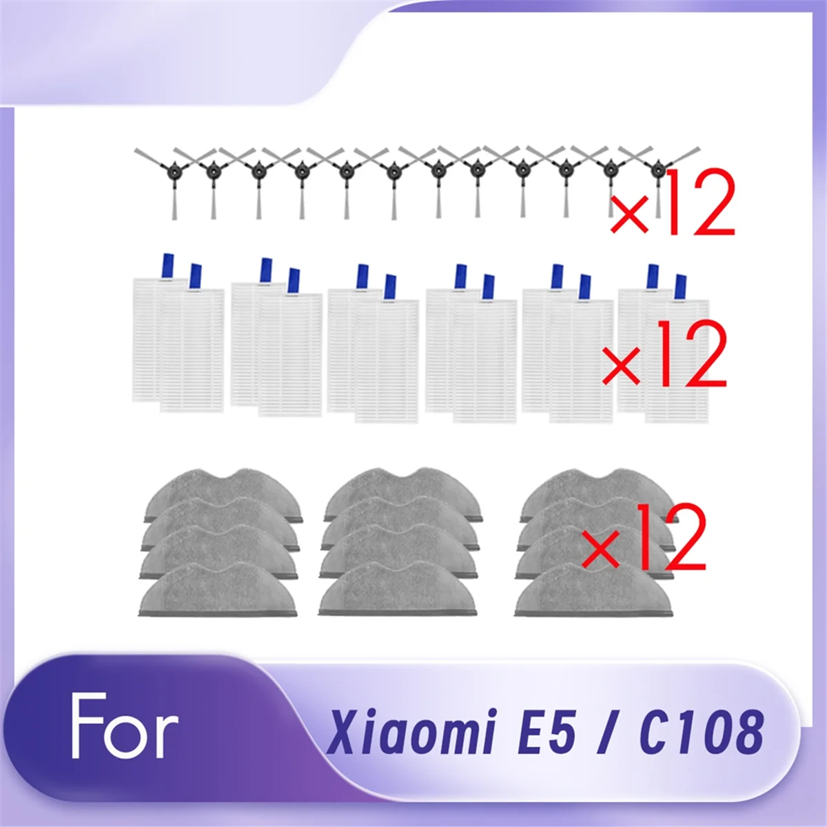 36Pcs untuk E5 / C108 Robot penyapu, aksesori suku cadang pembersih sikat sisi utama Set penyaring debu