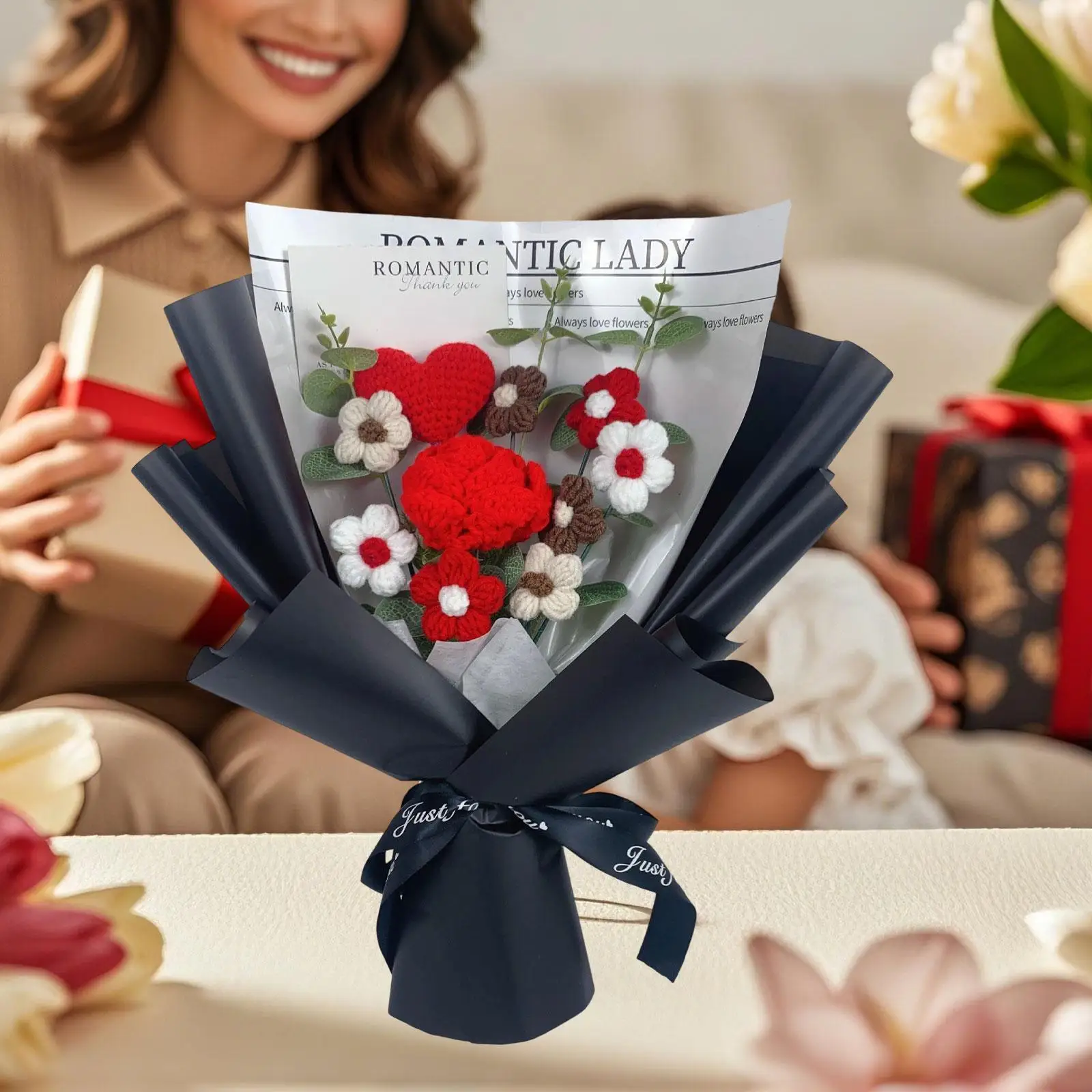 Ramo de flores de ganchillo completo, centro de mesa, regalos para el día de la madre almacenados