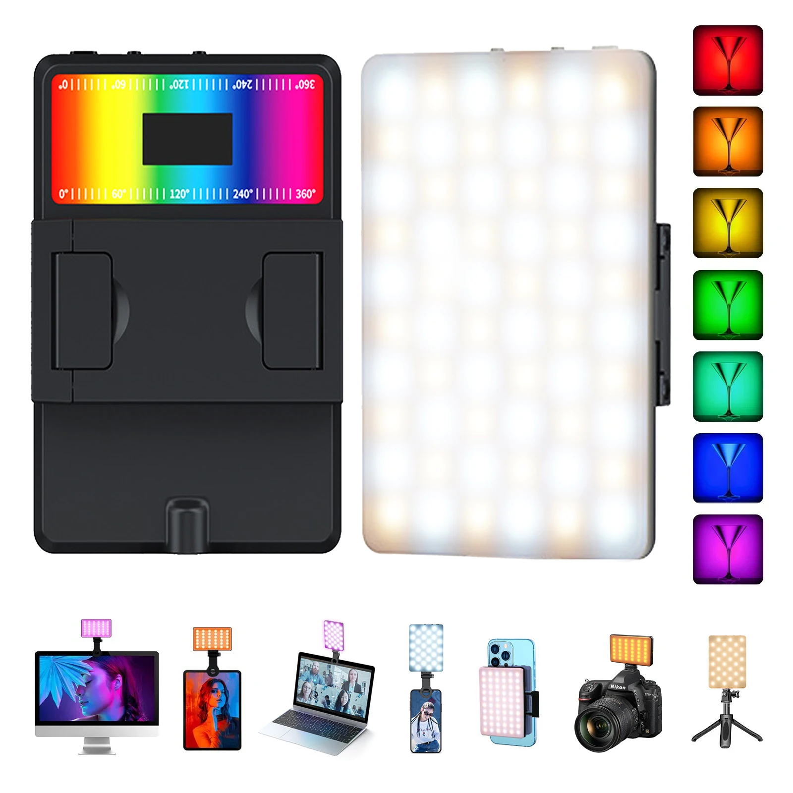 RGB LED Camera Light Full-Color Output Video Lamp Kit 0-100% Dimmable 2500K-9000K-Bi-Color Panel Light With Phone Clip