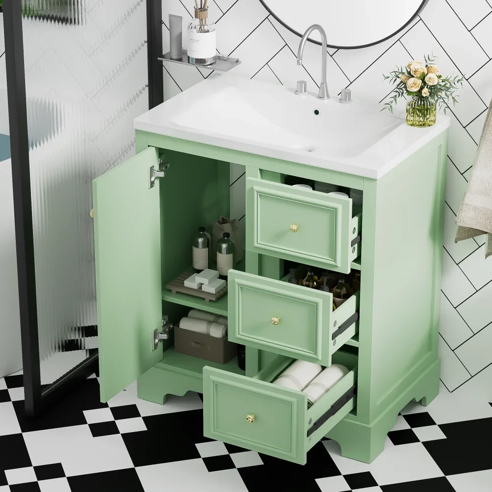 30 Inch Bathroom Vanity with Sink, Modern Elegant Bathroom Storage Cabinet with 3 Drawers and Adjustable Shelves