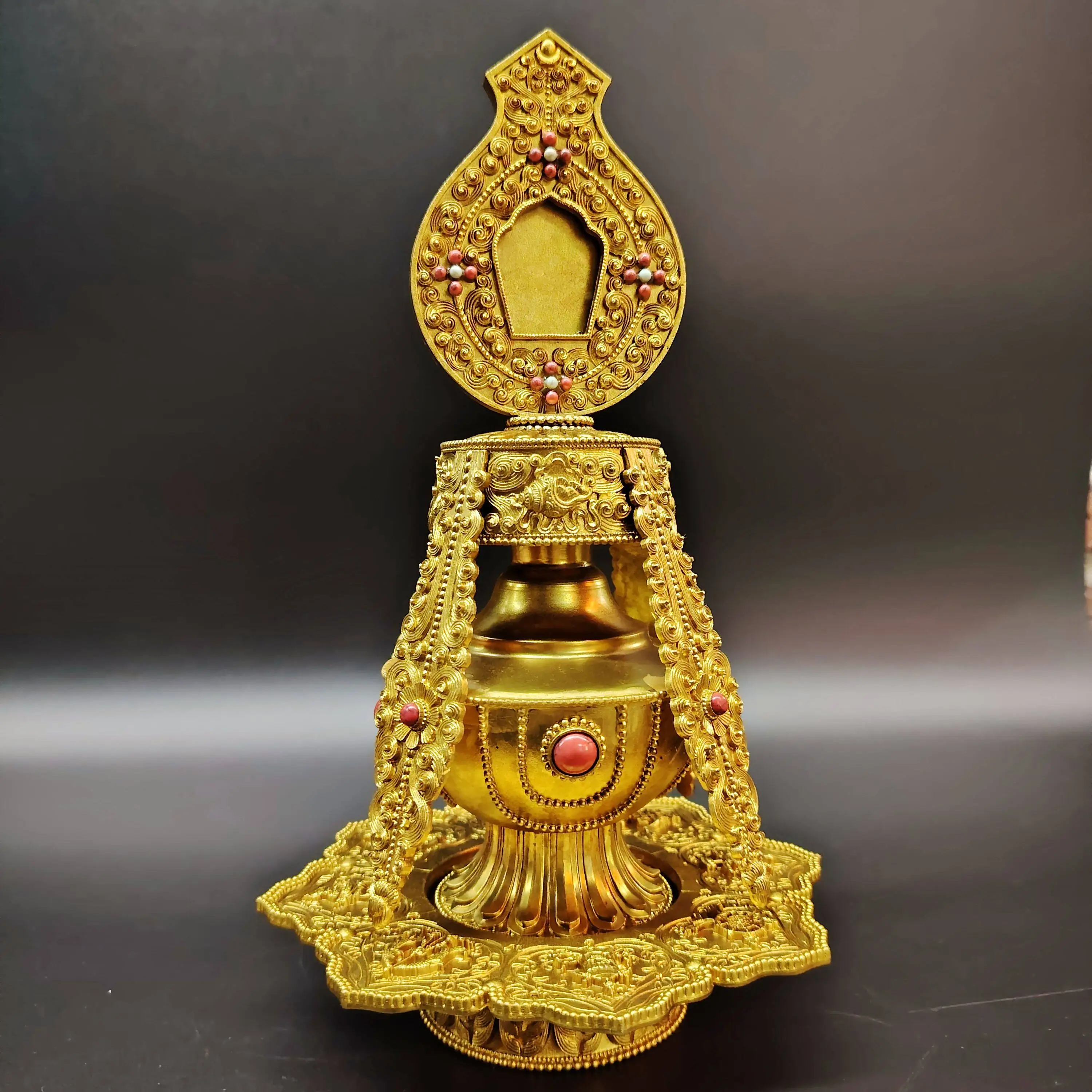Pure Copper Nepal Gilded Carved Longevity Vase Eight Auspicious Symbols 24cm Home Altar Blessing