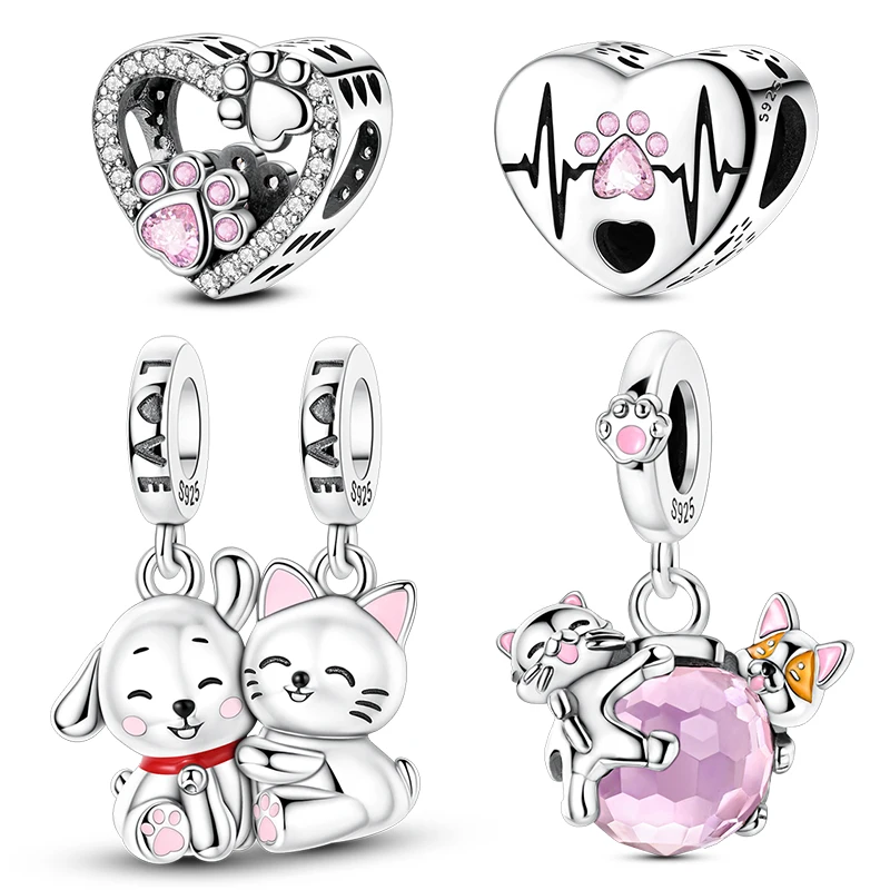 Original 925 Sterling Silver Charms Heart Paw Bead Cat Dog Play Hug Pet Pendant Fit Original Bracelet For Women DIY Jewelry Gift