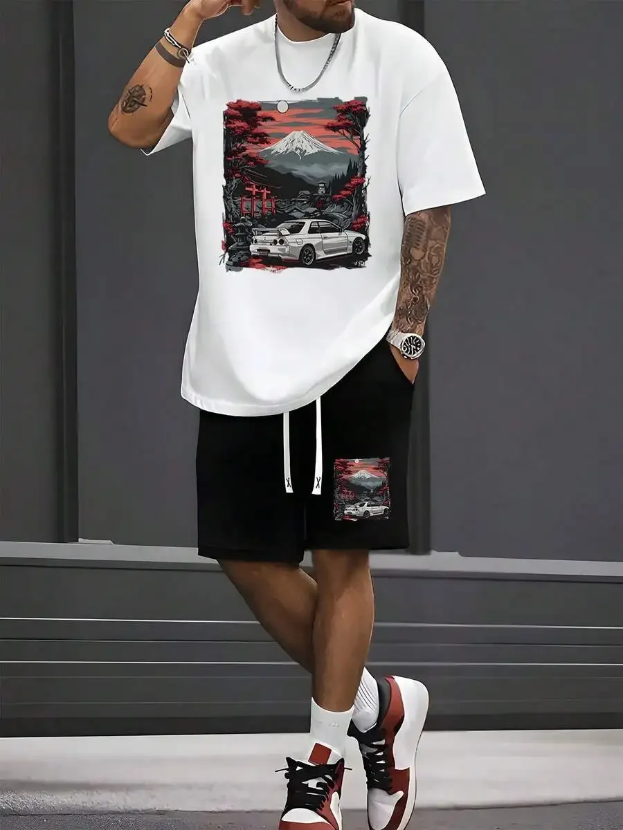 

Mens Polyester Print T-Shirt And Shorts Two-Piece Set Casual Summer Outfit