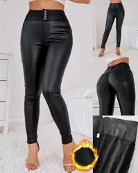 Elegant Women's Tight Leggings Winter Casual Buttons High Waisted Pu Leather Fleece Lining Warm Pants Sexy Women's Tight Pants