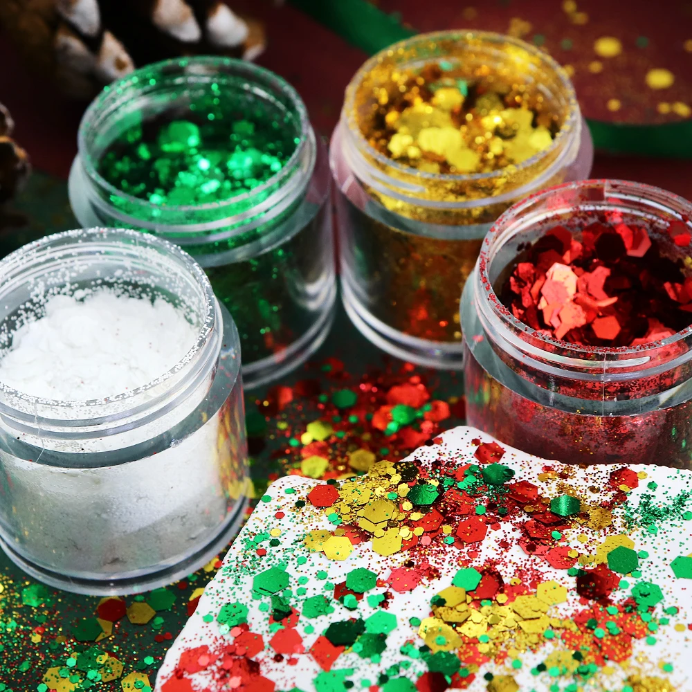 4개/세트 육각형 스팽글 크리스마스 네일 아트 부품 레드 그린 청키 글리터 플레이크 크리스마스 매니큐어 장식 액세서리 네일 참