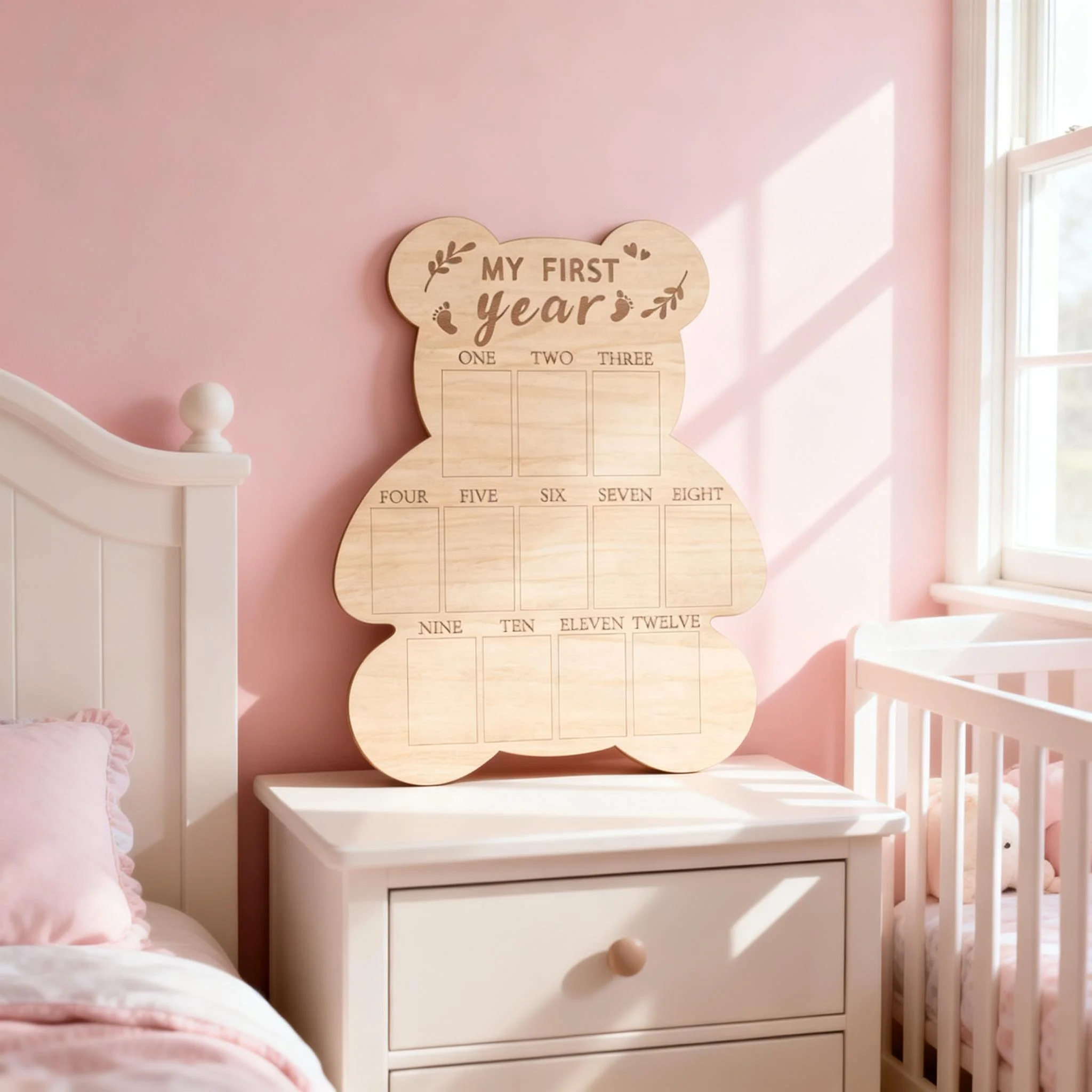 My First Year Photo Display Wood Board, Baby's First Year Picture Frame 12 Months Milestone Board Bear Shape 1st Birthday Photo