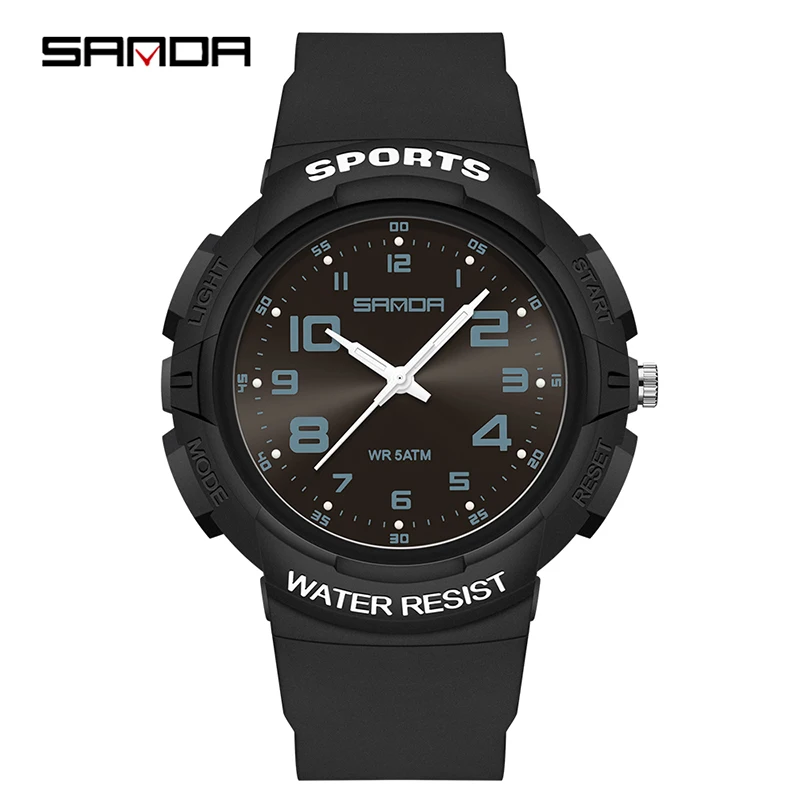 Sanda Trendy Design Soft Student Watch TPU Strap 50M Depth Waterproof Quartz Movement Children Fashion Sports Wrist Watch