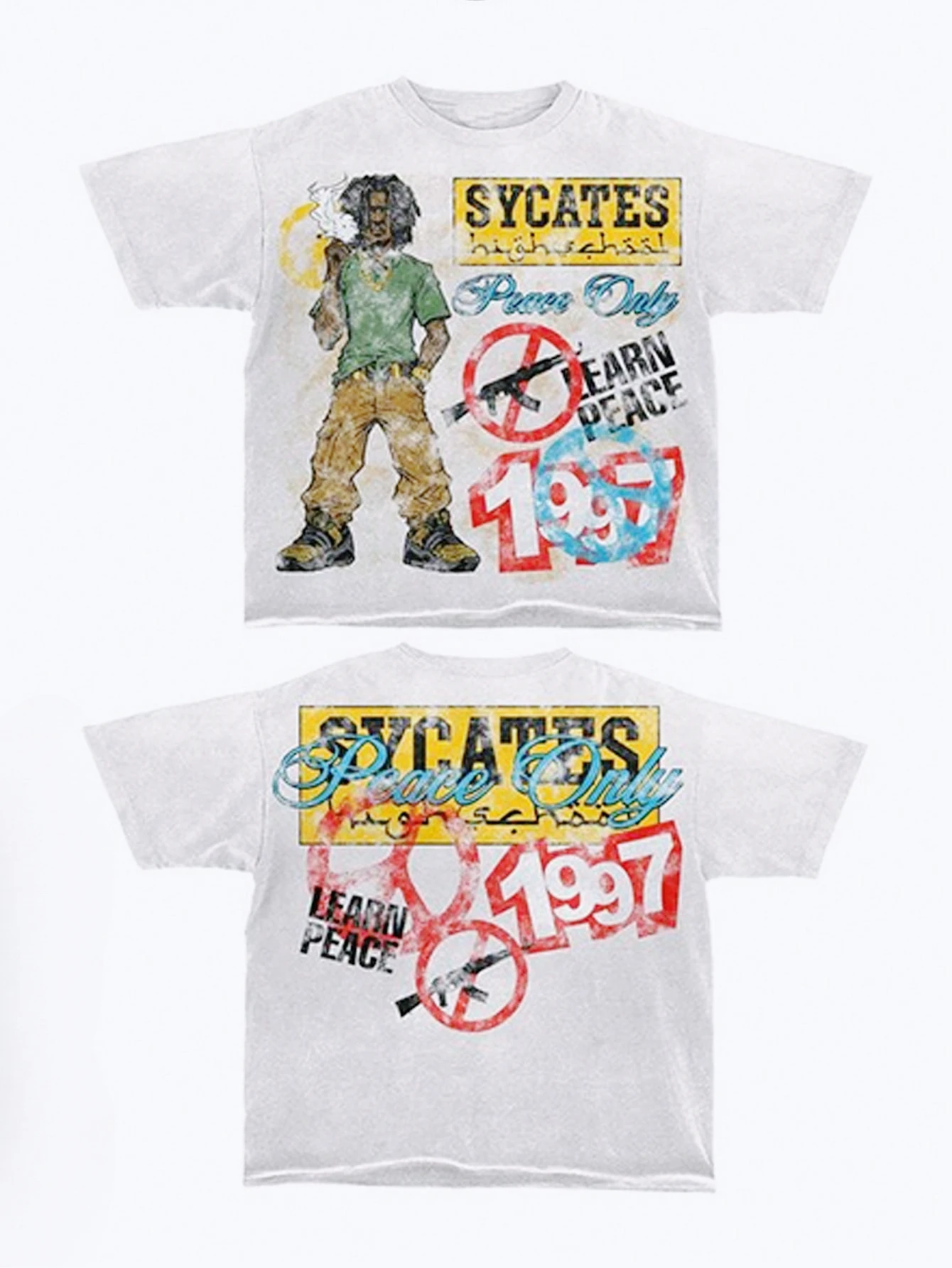 

Vintage 'SYCATES' Letter Portrait Double-Sided Printing Men Women Summer Round Neck Short Sleeved Casual Cotton Y2K Streetwear
