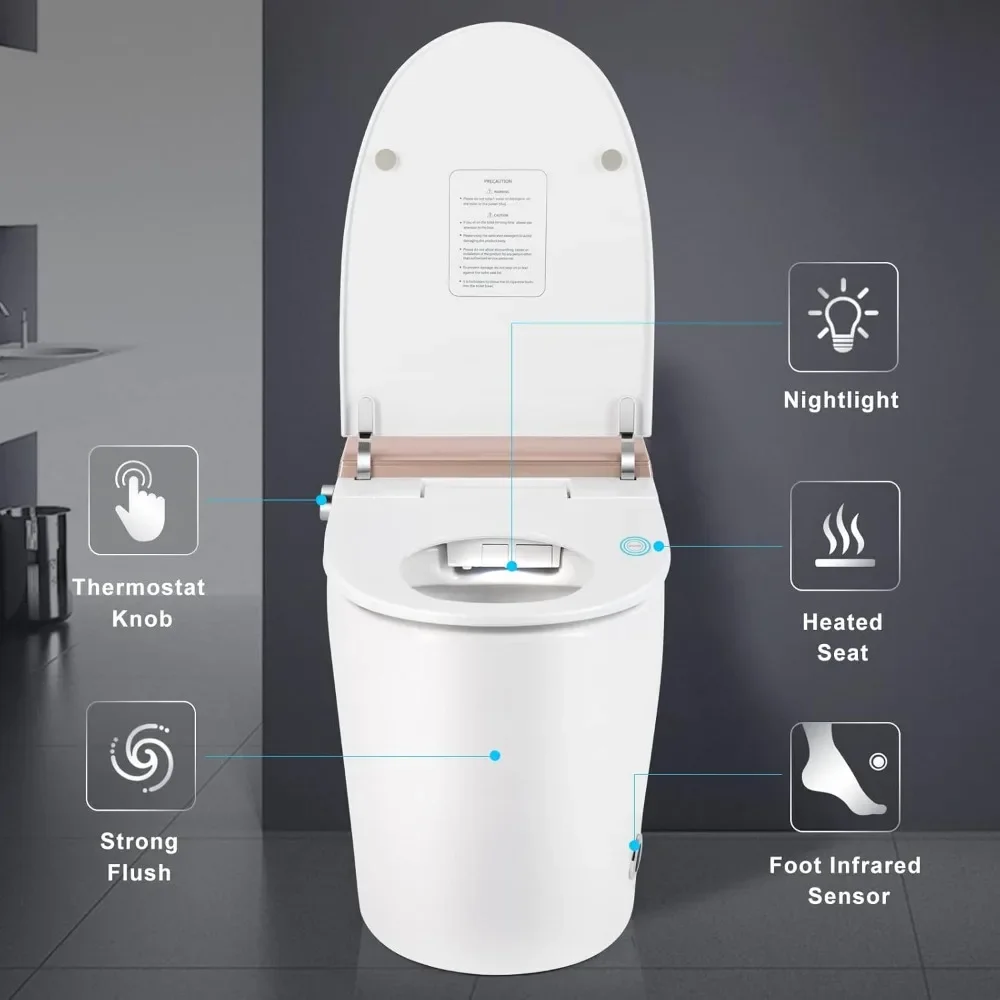 Smart Toilet, Heated Seat, Foot Sensor Flush, Automatic Powerful Flush, Tankless Toilet without Bidet, Knob Control White