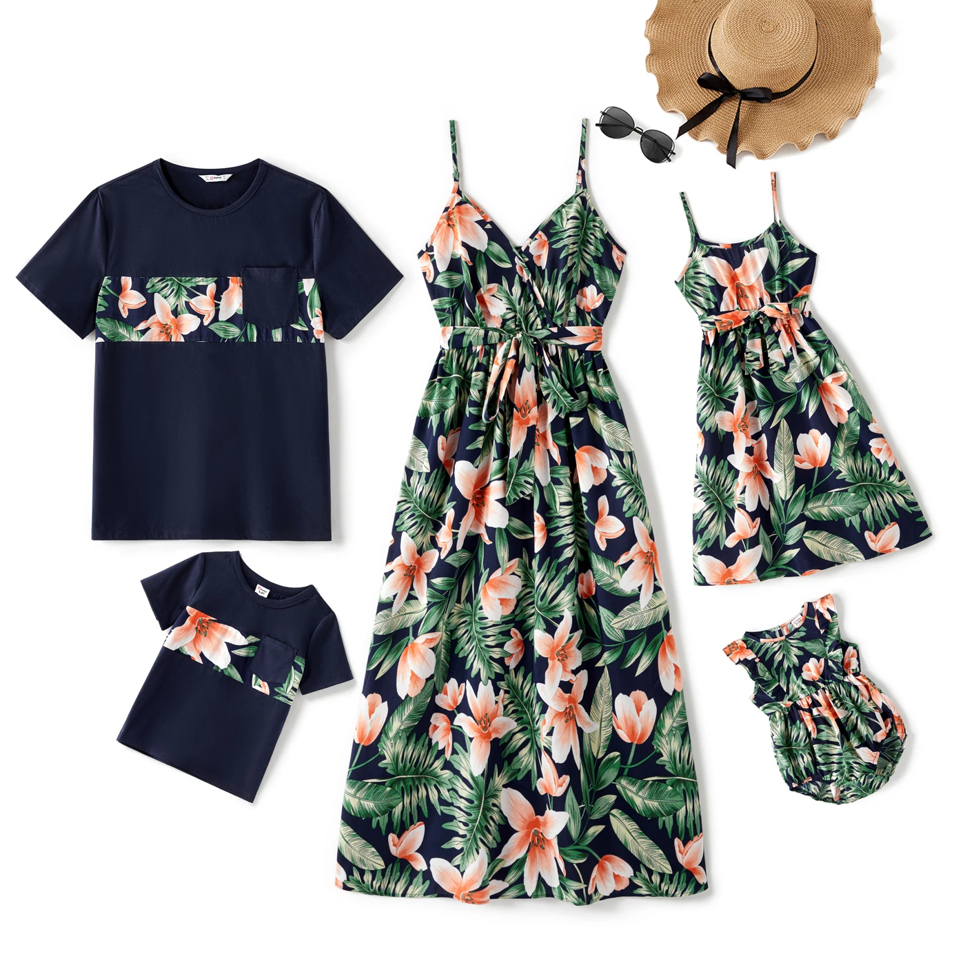 PatPat Family Matching Sets Floral Panel Short-sleeve T-shirts All Over Floral Print V Neck Spaghetti Strap Midi Dresses