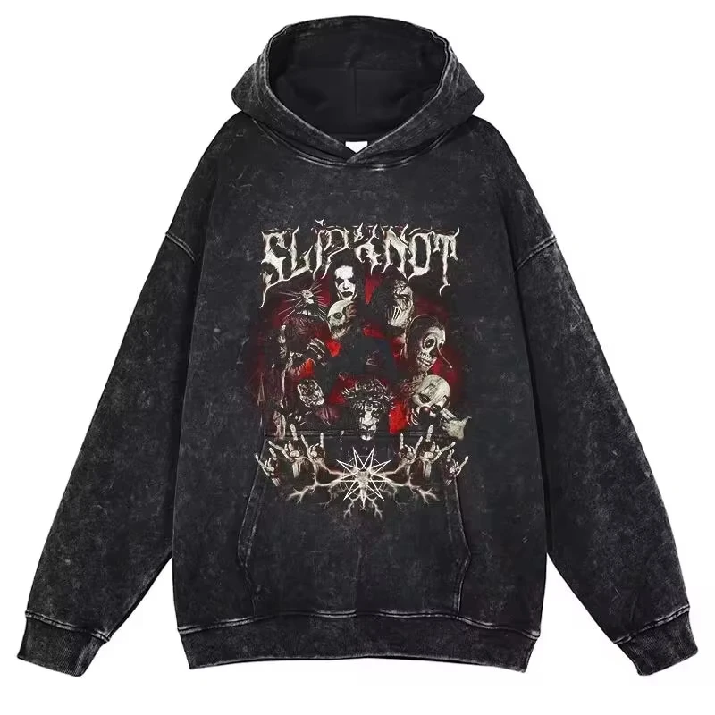 SlipKnots Hoodie Hip Hop Rock Band Graphic Vintage Washed Hooded Sweatshirts Oversized Pullover Harajuku Retro Hoodie Men Cotton