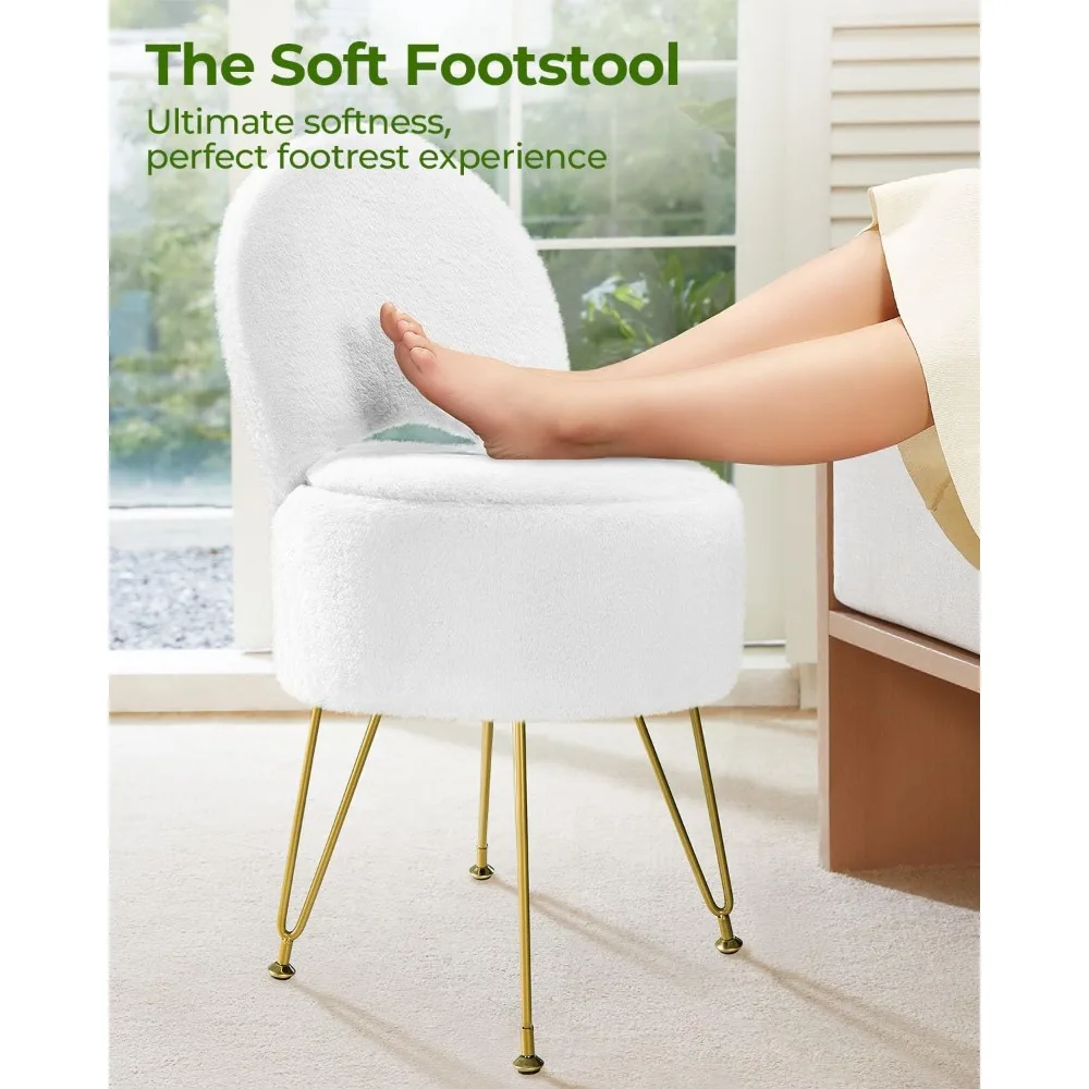 مقعد من الفرو الصناعي مع مساحة تخزين ومسند ظهر قابل للطي، كرسي عثماني 15.7 × 15.7 × 19.5 لغرفة نوم المكياج، أبيض #6
