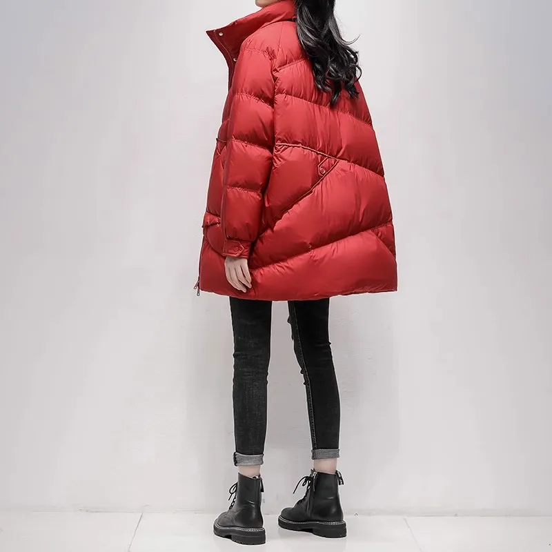 Red Stand collar Down Jacket Women's 2025 Winter New Product 90 White duck down Thicken Warm Coat Female Loose Puffer Parkas