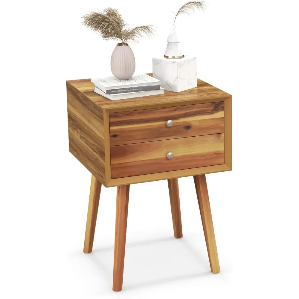 

Nightstand with Drawers Mid Century Modern Bedside Table with Solid Wood Legs Practical End Side Table for Living Room