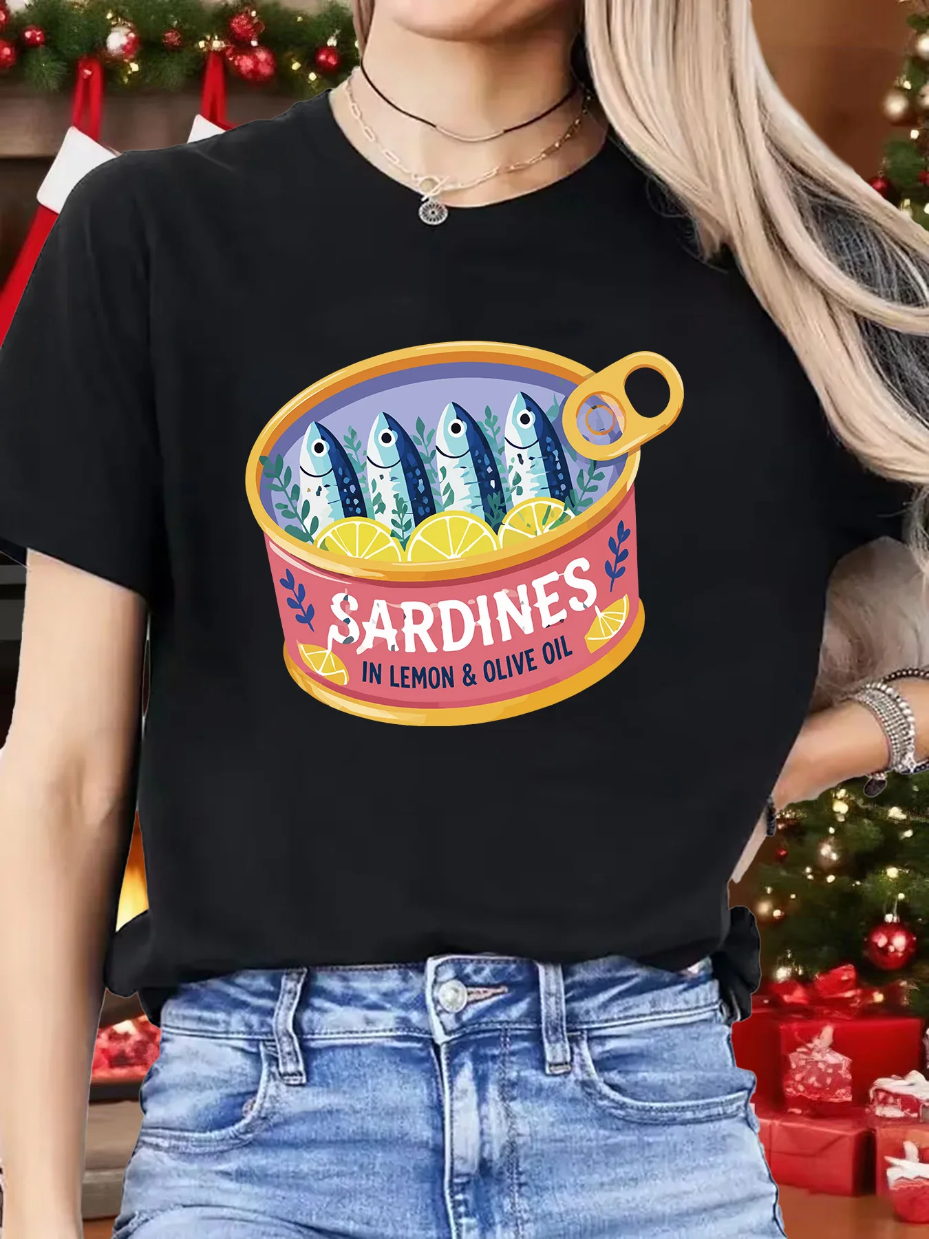 Cute Sardine Tin Can Lemon Olive Oil Womens Crew Neck Short Sleeve T Shirt Funny Sea Food Art Casual Graphic Tees For Ladies