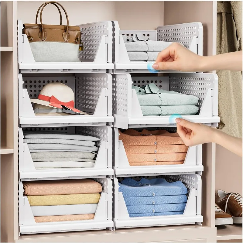 

5 Pack Stackable Closet Organizer Box - Stackable Storage Bins, Plastic Storage Basket Foldable