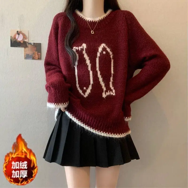 

Свитер, трикотаж, женский ленивый стиль, мягкий массивный свитер с рыбой, массивный трикотаж для женщин, большие размеры, женский осень-зима