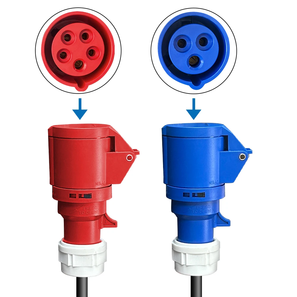 Adaptador de carga QiFeng EV convertir de 22KW a 7KW trifásico a 1 fase 32A CEE rojo hembra 5 pines conectar a azul hembra 3 pines