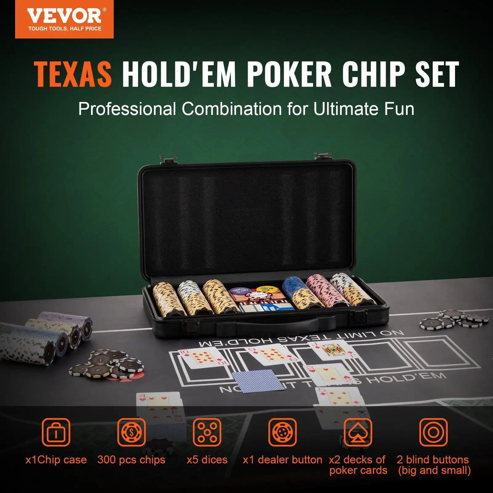 Poker Chip Set, 300-Piece Poker Set, Complete Poker Playing Game Set with Carrying Case, Heavyweight 14 Gram Casino Clay Chips