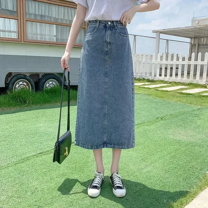 

Summer Long Denim Skirt Women Oversize Korean Fashion Split Faldas Jean Mid-Length High Waist Skirts Blue Loose Cowboy Jupe V111