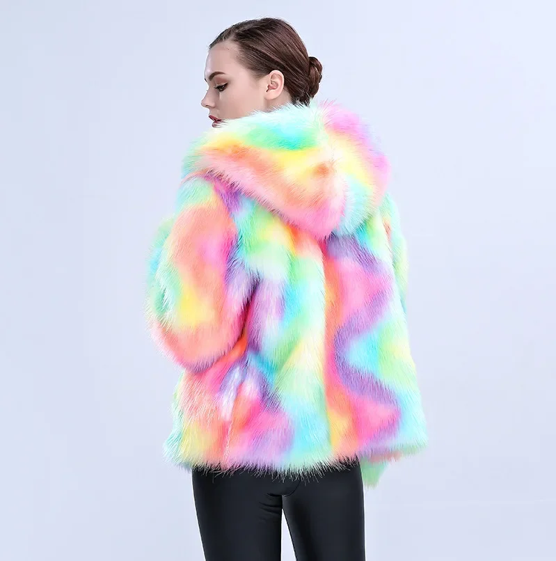 Women's Winter Party Artificial Fur Coat Colorful Pockets Hooded Female's Mink Fur Jacket  Instagram-Style Lady Eco Fur Coat