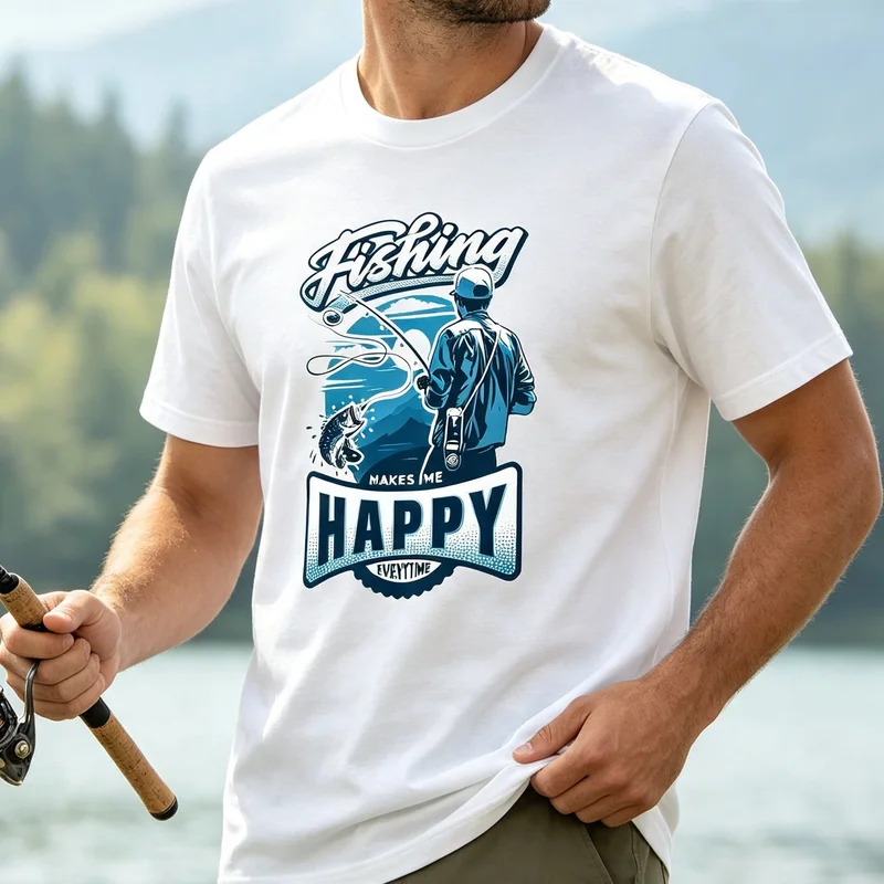 Fishing Makes Me Happy Graphic T Shirt  Fisherman Outdoor Camping  Tee for Men Outdoor Camping Street Daily Wear Y2k Top