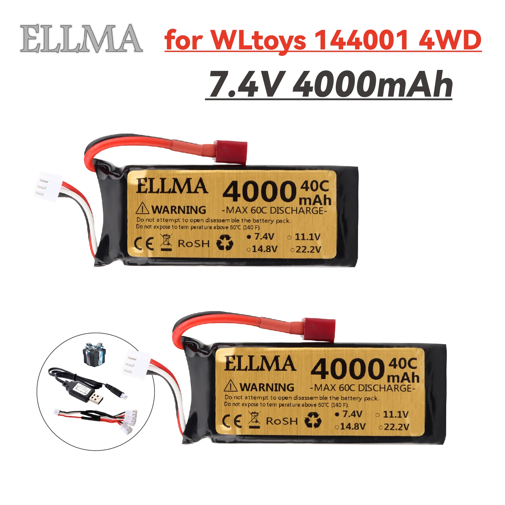 7.4V 4000mAh LiPo Battery for Wltoys 144001/144010/144010/124017/124019/124018/12428 RC Car 40c Battery parts with T plug