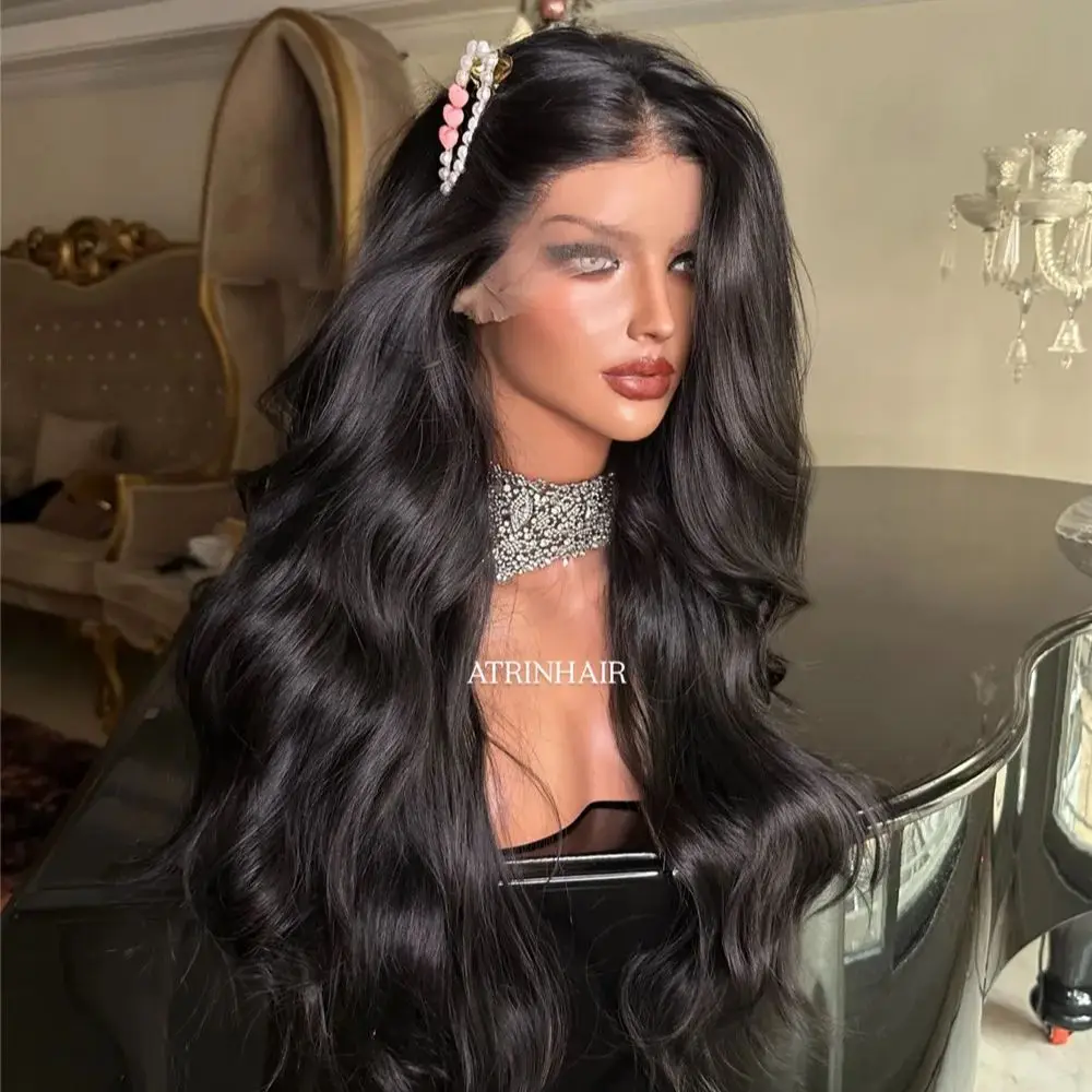 

Натуральные парики с волнистыми локонами и кружевной передней частью, 26 дюймов, черные, с естественной линией роста волос, без клея, предварительно прорезанные, синтетические, женские