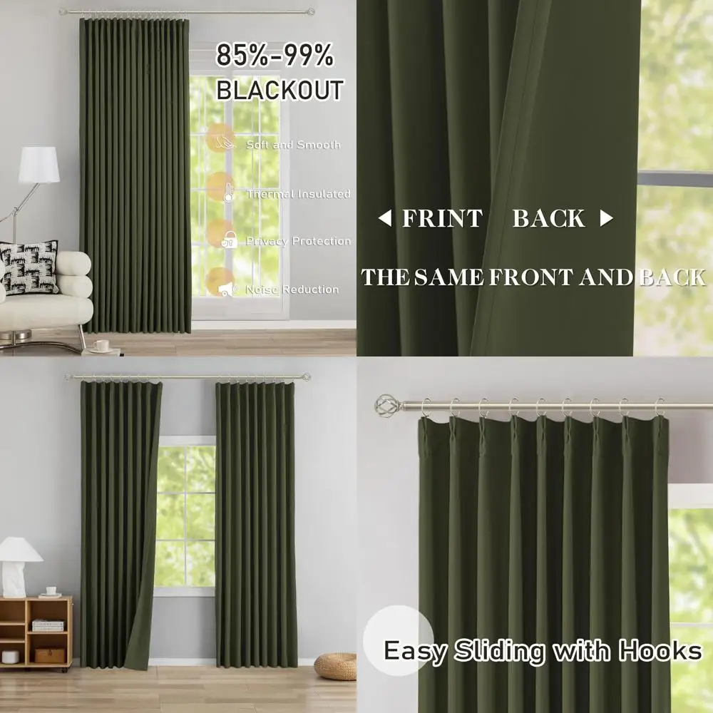 

Extra Long 144 Olive Green Pinch Pleat Blackout Curtains with Hooks, 40x144, Thermal Insulated for High Ceiling Living Rooms