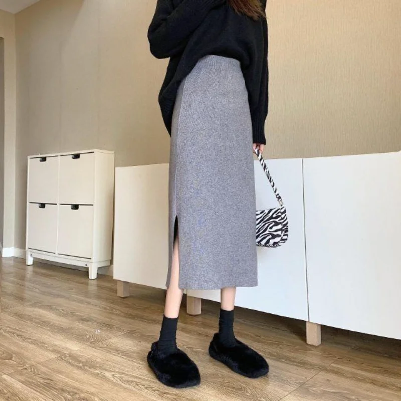 

Split Knitted Half Skirt Autumn and Winter Women 2023 Korean High Waist Versatile Solid Casual A-Step Mid length Skirt Female