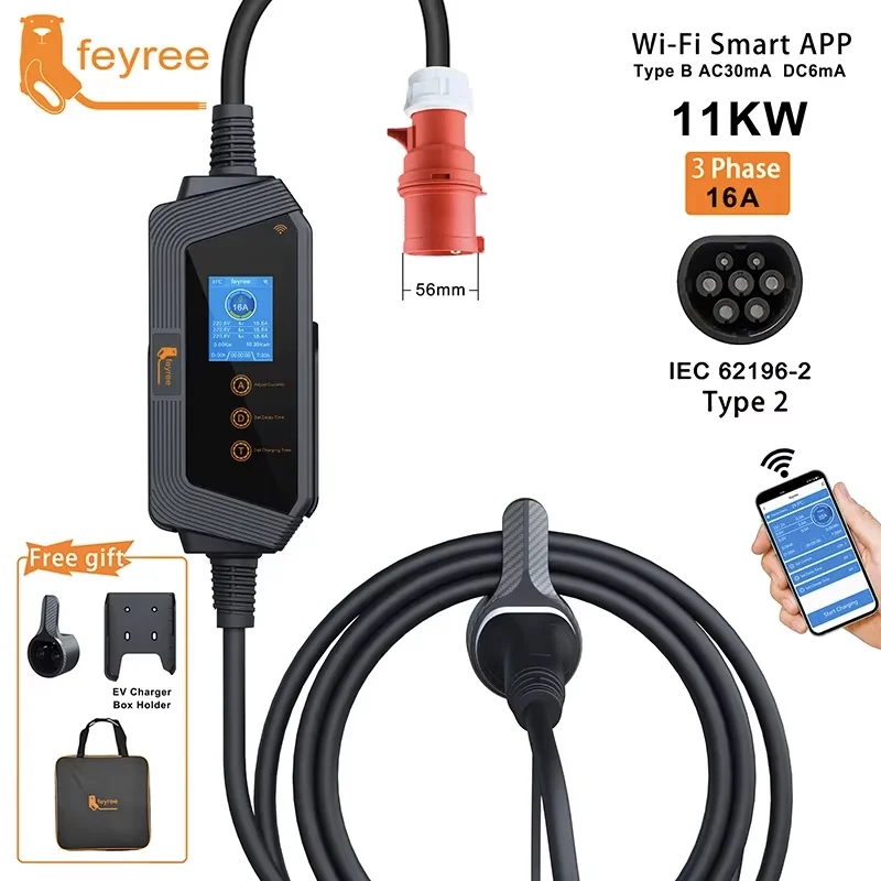 Feyree Type2 Kabel Draagbare EV-oplader 11KW 16A 3P Autolader Wi-Fi APP Controle EVSE Oplaaddoos CEE-stekker voor elektrisch voertuig