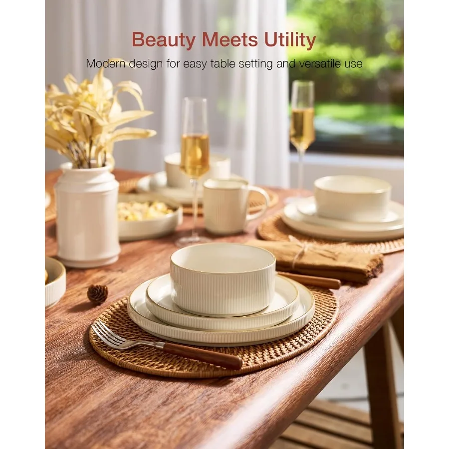 Star Dinnerware Set Plates and Bowls Sets for 4 12pcs Ribbed Stoneware Dishes Chip Scratch Resistant Microwave Dishwasher Safe