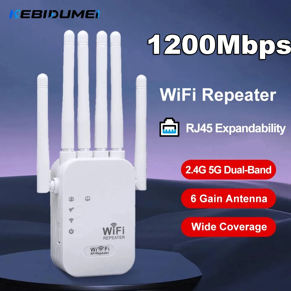 KEBIDUMEI 2.4/5G WiFi Dual Band 1200Mbps Repeater WiFi Amplifier Wireless Signal Range Extender Router Long Range Signal Booster