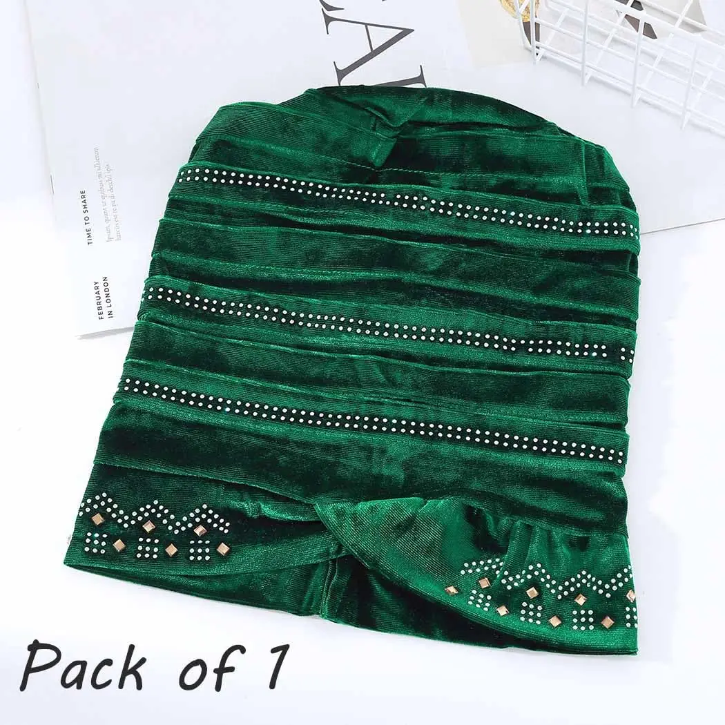 African Pre-Tied Hijab Headwraps Green Crystal Head Wrap Pleated Velvet Stretchy Daily Prom Turban Beanie Caps for Women