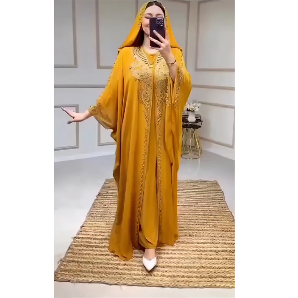 Afrykańskie sukienki na imprezę dla Djellaba damskie szyfon Boubou Ankara Dashiki 2 sztuki zestaw strój Dubai Kaftan Abaya szata marokaina Femme
