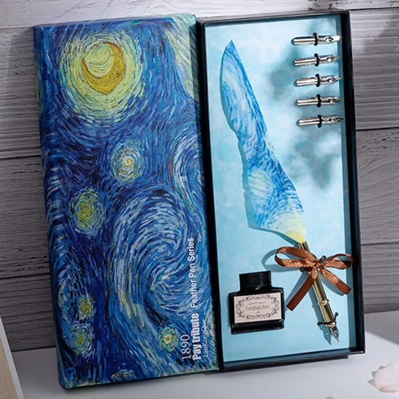 Blue Peacock Feather Oil Painting Style Birthday Creative Gift Dipping Pen Set English Calligraphy Retro Box