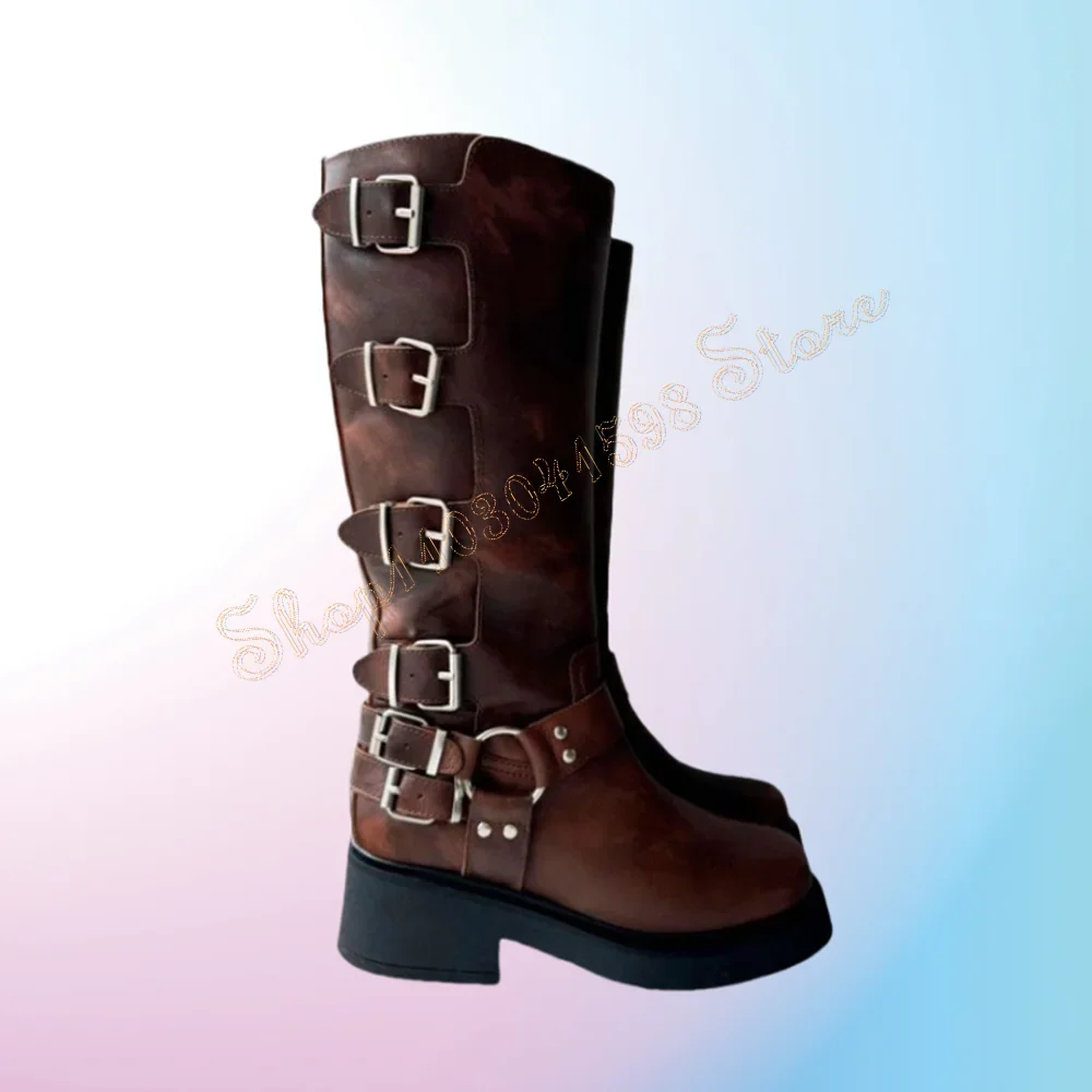 

Brown Buckle Decor Slip On Boots Chunky High Heels Round Toe for Women Mid Calf Heels 2025 New Zapatos Para Mujere