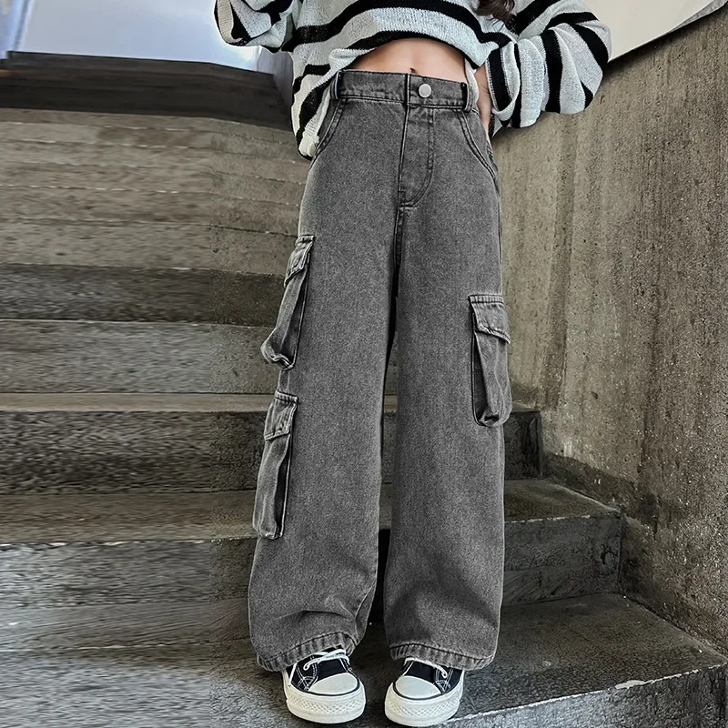 Dziecięce spodnie jeansowe na co dzień Nastoletnie dziewczęta Szerokie nogawki Cargo Jeans 2024 Jesienna moda Szkoła Młode dzieci Proste workowate