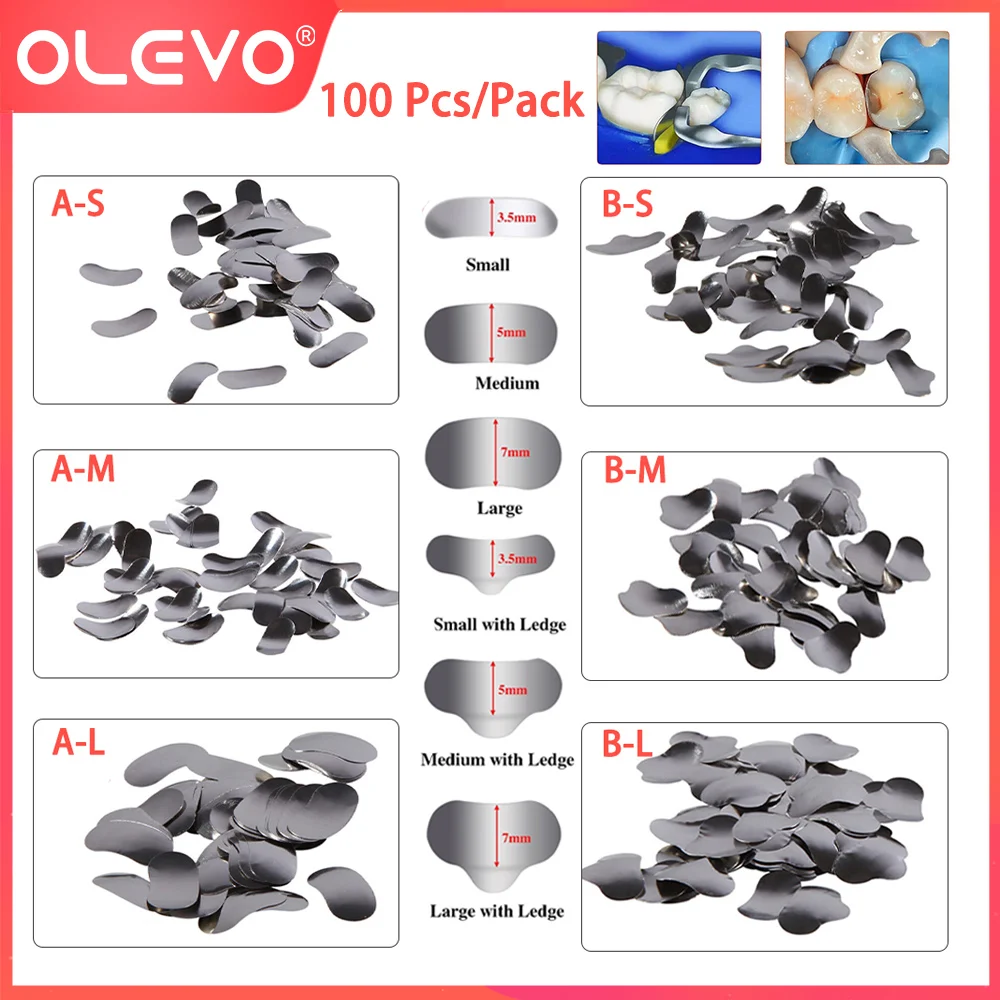 OLEVO 100Pcs Dental Sectional Contoured Metal Matrices Douban Molding Sheet Matrix Refill Band L/M/S With Ledge Dentist Material