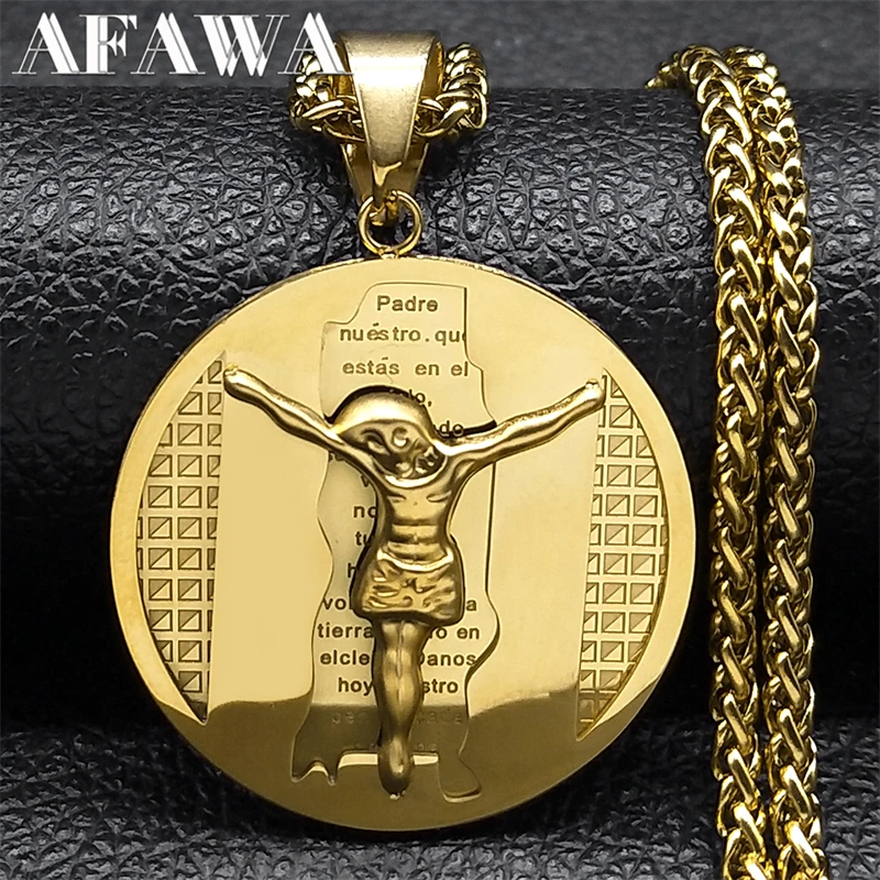 Jesus Christ Crucifix Round Medallion Necklace Stainless Steel Spanish Prayer Bible Verse Chain Male Jewelry collares ZZZ175S02