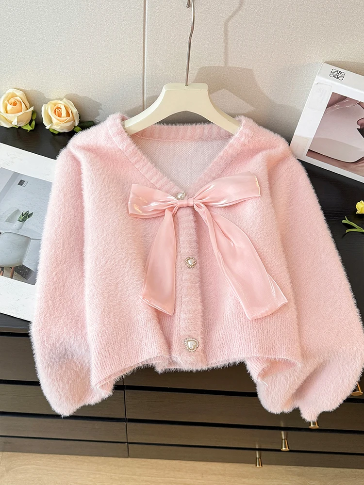 Gagaok Pink Cardigans Women Sweet Bow V-neck Short Sweater Jacket Gentle Autumn Single Breasted Long Sleeve Knitted Sweaters